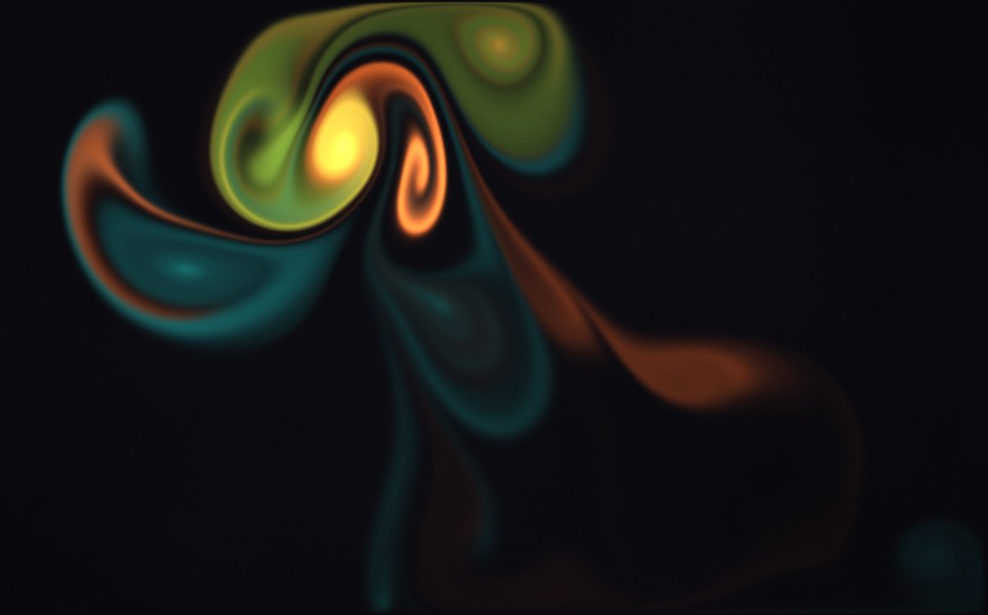 Lagoon, orange and lime ink swirling through dark water