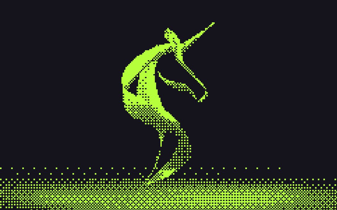 Capra’s unicorn printed as a one-bit dither in lime on ink