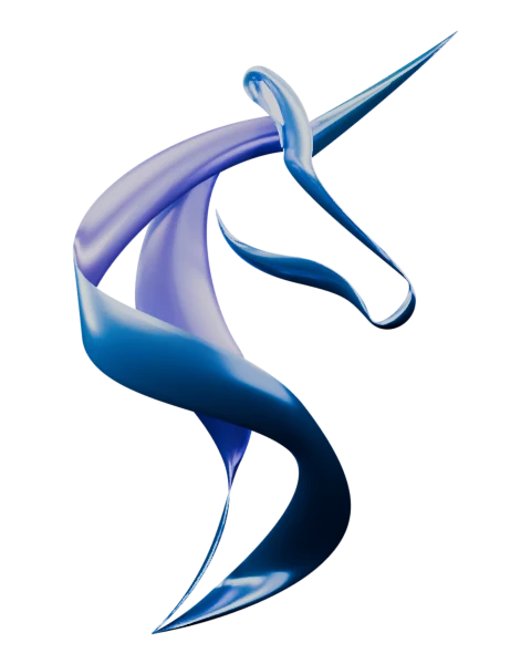 Capra’s ribbon unicorn as a sculpture of satin-blue metal ribbons, rendered in Blender