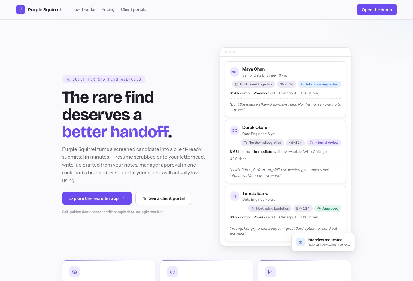 Purple Squirrel’s staffing platform, showing sample candidate cards and review states