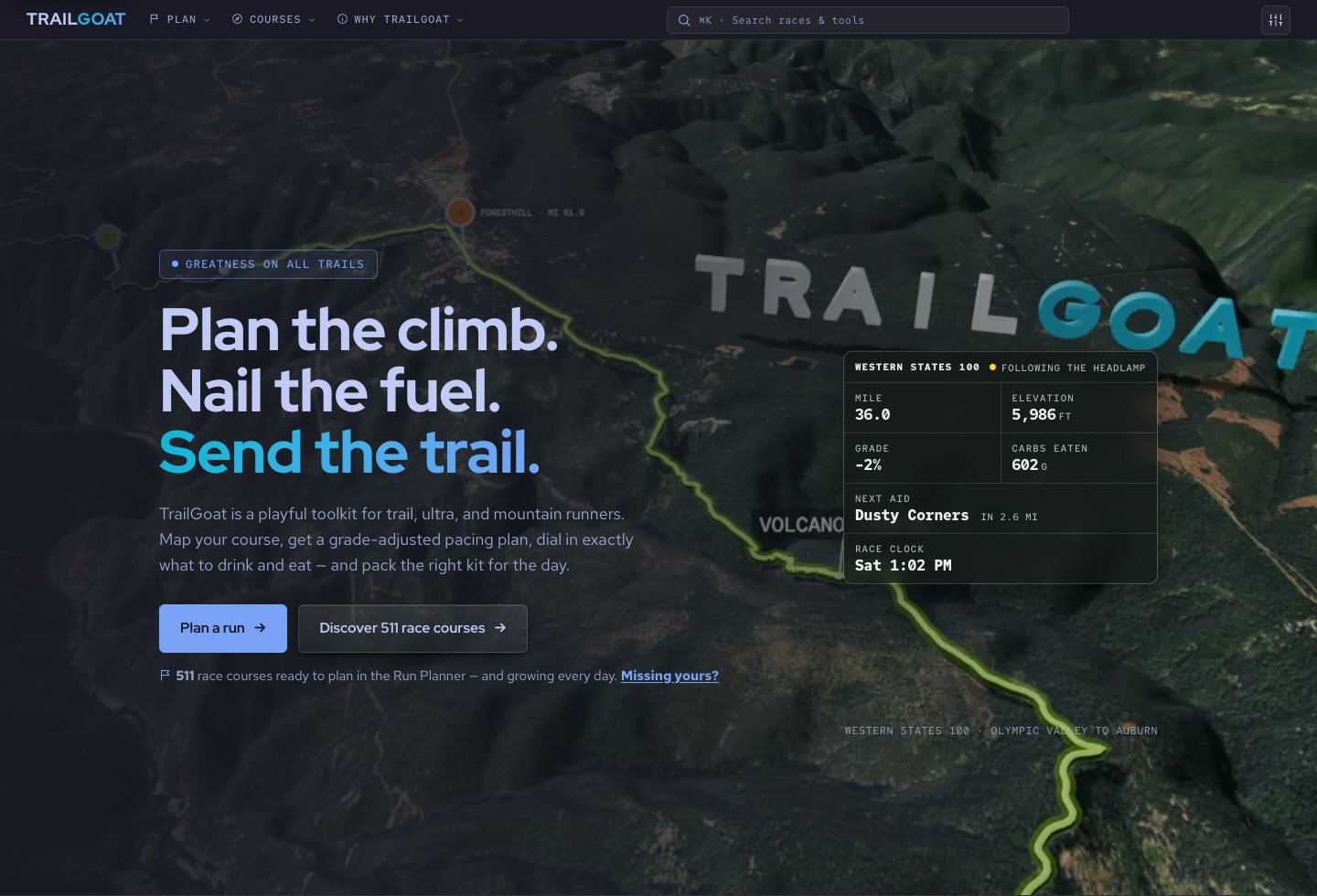 TrailGoat’s trail-running website, with course planning and fueling tools